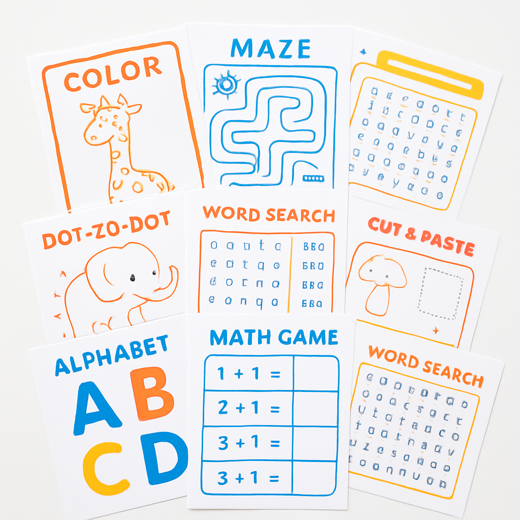 Coleção de atividades educativas impressas: colorir, labirintos, alfabetização e mais