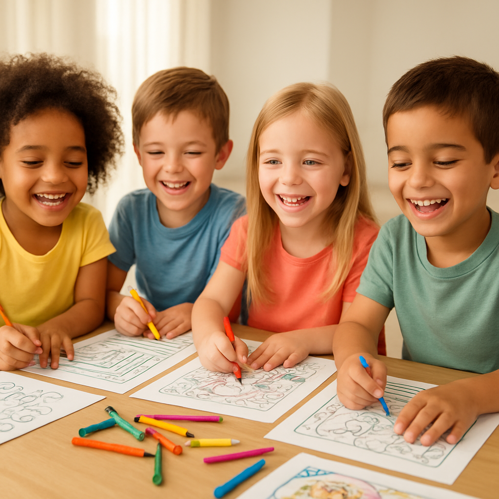 Crianças felizes brincando e colorindo atividades impressas em casa